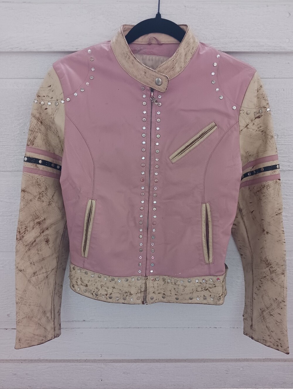 Vintage Wilsons Leather Pink distressed Leather Jacket With Tattoo Design - Picture 2 of 6
